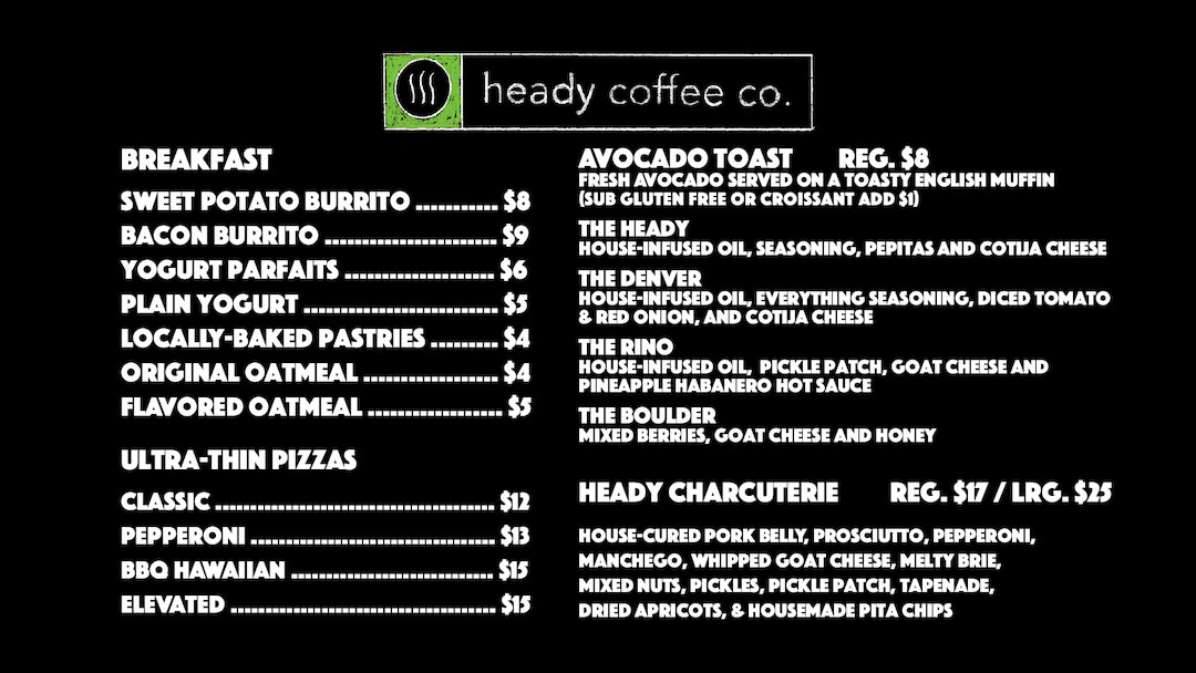 Denver Heady Coffee Bar Food Menu